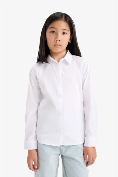 Slim Fit Dar Kesim Bengalin Uzun Kollu Okul Gömleği Kız Çocuk