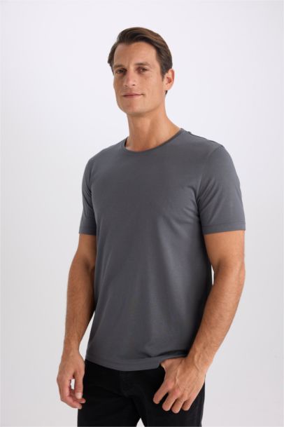 Slim Fit Dar Kesim Bisiklet Yaka Modal Karışımlı Pamuklu Basic Düz Kısa Kollu Tişört