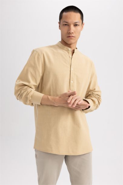 Slim Fit Stand Up Collar Long Sleeve Shirt