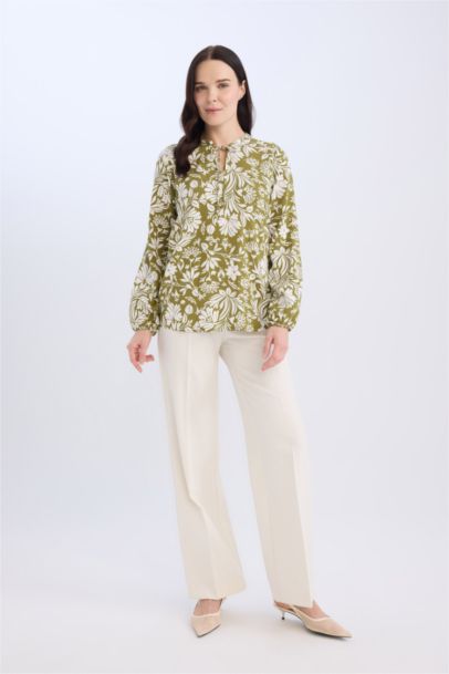 Regular Fit Crew Neck Printed Long Sleeve Blouse