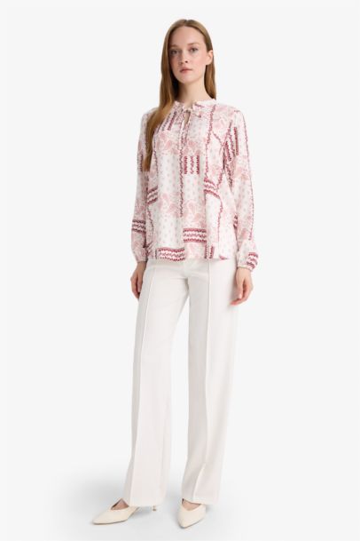 Regular Fit Desenli Apaş Yaka Uzun Kollu Bluz