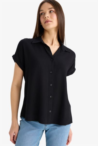 Regular Fit Basic Düz Viskon Kısa Kollu Gömlek