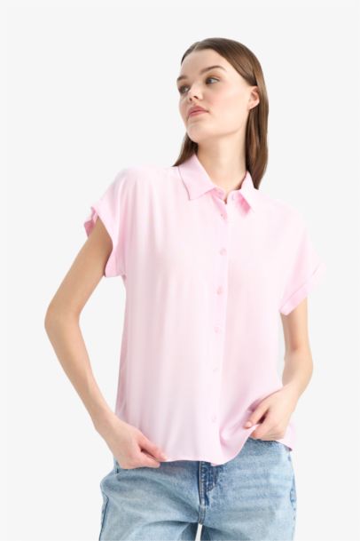 Regular Fit Shirt Collar Viscose Short Sleeve Shirt