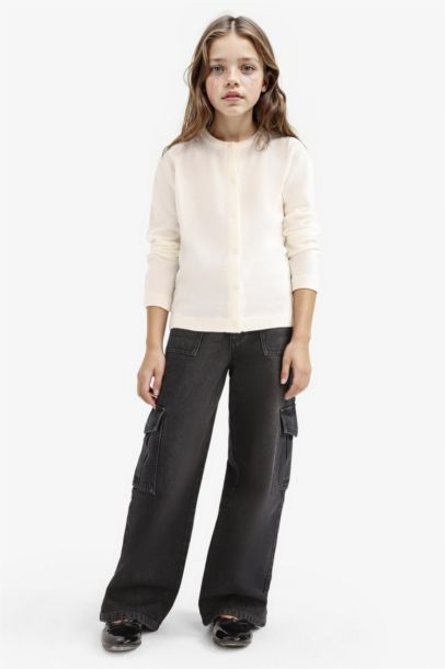 Bisiklet Yaka Düğmeli Triko Hırka Kız Çocuk