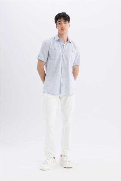 Slim Fit Dar Kesim Yazlık Polo Yaka Keten Görünümlü Kısa Kollu Gömlek