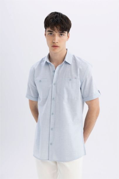 Slim Fit Dar Kesim Yazlık Polo Yaka Keten Görünümlü Kısa Kollu Gömlek