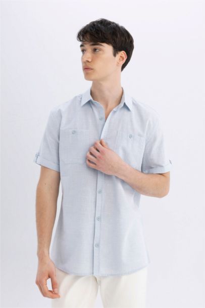 Slim Fit Dar Kesim Yazlık Polo Yaka Keten Görünümlü Kısa Kollu Gömlek