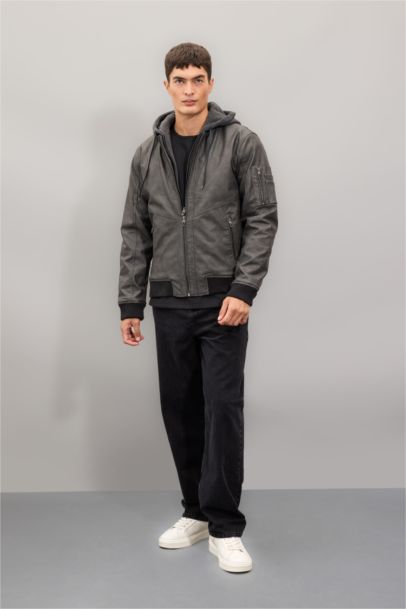 Boy Waterproof Slim Fit Hooded Zippered Pocket Faux Leather Jacket