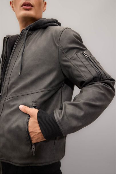 Boy Waterproof Slim Fit Hooded Zippered Pocket Faux Leather Jacket