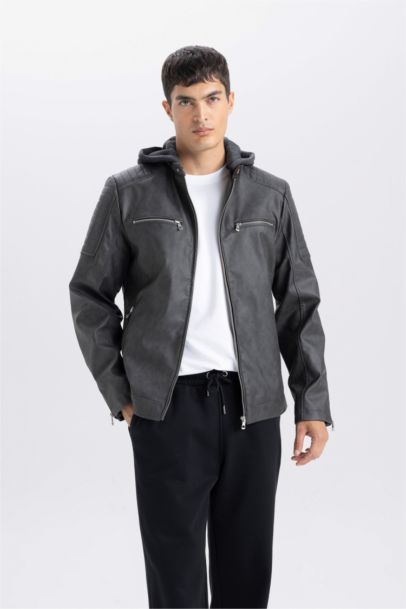Su İtici Slim Fit Dar Kesim Çıkarılabilir Kapüşonlu Fermuarlı Cepli Suni Deri Ceket Mont