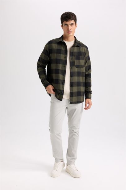 Regular Fıt Polo Yaka Kareli Flanel Uzun Kollu Gömlek