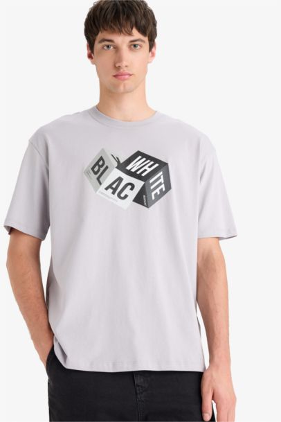 %100 Pamuk Oversize Geniş Kalıp Bisiklet Yaka Baskılı Kısa Kollu Tişört