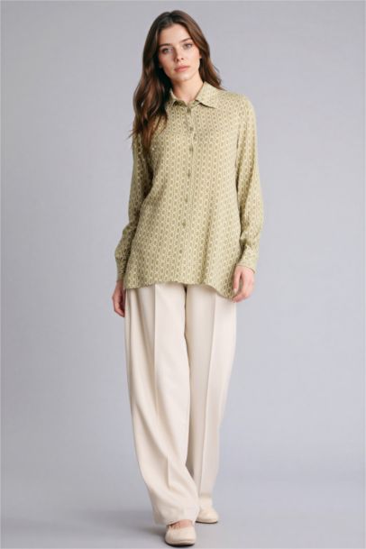 Loose Fit Shirt Collar Printed Long Sleeve Tunic