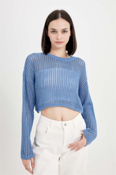 Pull Crop en tricot ajouré à col rond