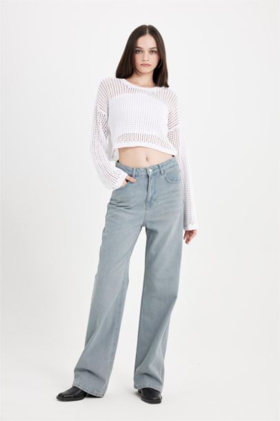 Regular Fit Bisiklet Yaka Kroşe Ajurlu Delikli Crop Triko Kazak