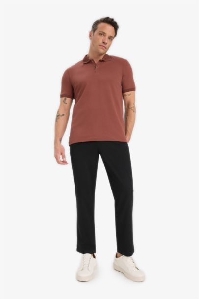 Slim Fit Dar Kesim Polo Yaka Kısa Kollu Dokulu Basic Düz Tişört