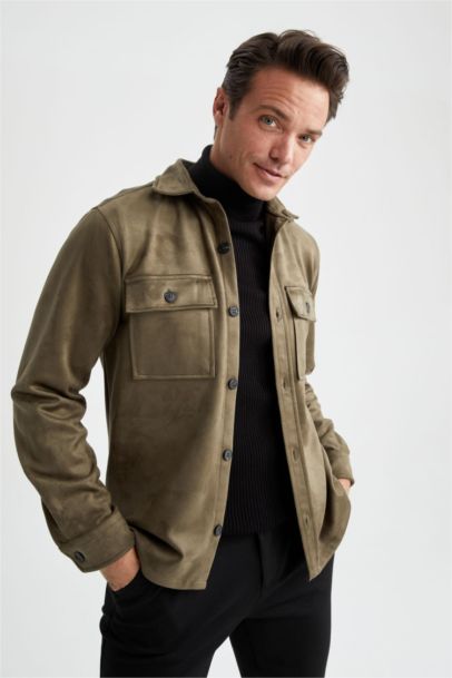 Regular Fit Polo Neck Suede Shirt Jacket