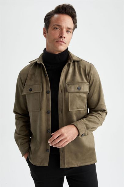 Regular Fit Polo Neck Suede Shirt Jacket