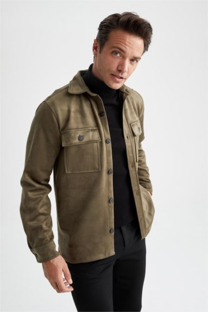 Regular Fit Polo Neck Suede Shirt Jacket