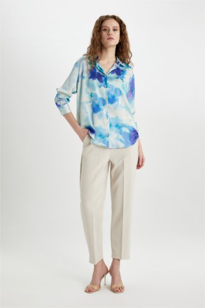 Oversize Geniş Kalıp Desenli Saten Uzun Kollu Gömlek