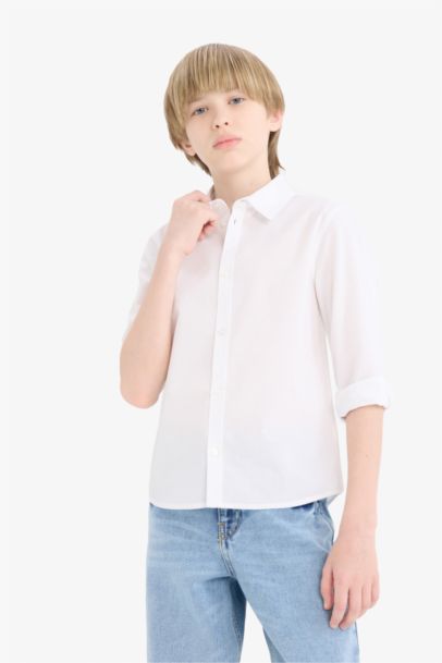 Boy Polo Neck Poplin Long Sleeve Shirt