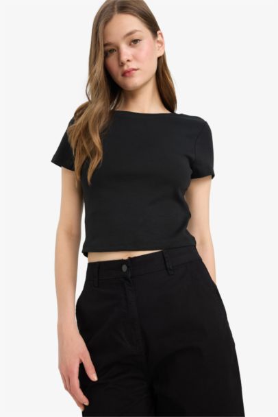 Fitted Ribana Basic Düz Crop Kısa Kollu Siyah Tişört