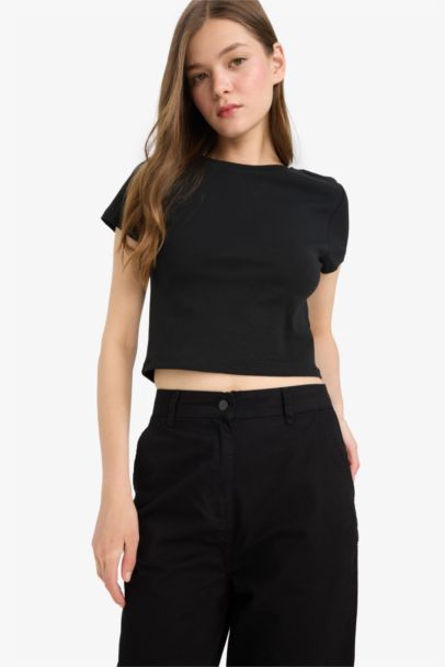 Fitted Ribana Basic Düz Crop Kısa Kollu Siyah Tişört