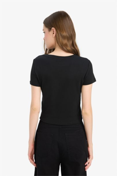 Fitted Ribana Basic Düz Crop Kısa Kollu Siyah Tişört