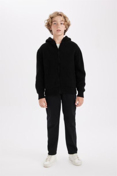 Basic Düz Triko İçi Polarlı Kapüşonlu Fermuarlı Siyah Okul Hırkası Erkek Çocuk