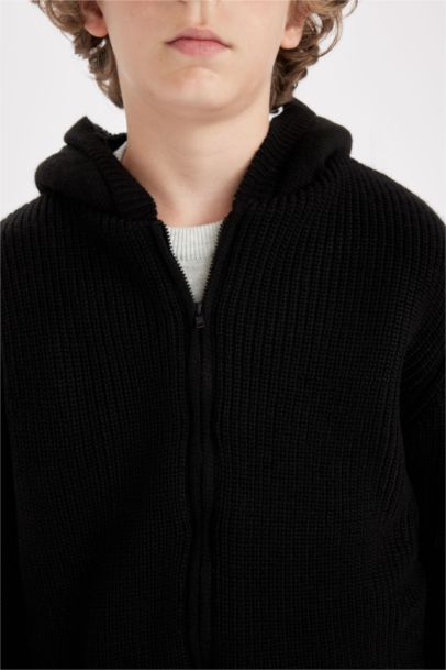 Basic Düz Triko İçi Polarlı Kapüşonlu Fermuarlı Siyah Okul Hırkası Erkek Çocuk