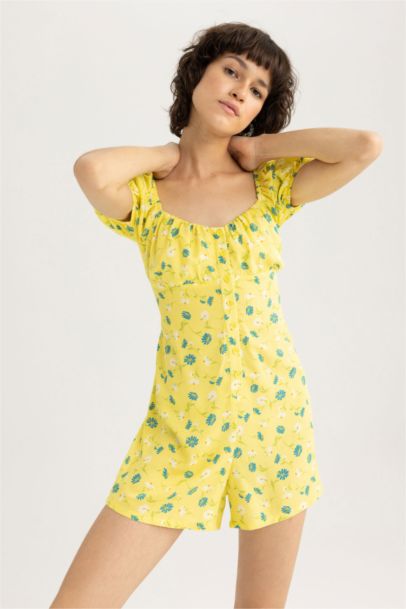Heart Collar Printed Short Sleeve Jumpsuit