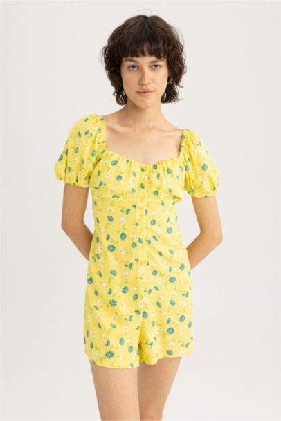 Heart Collar Printed Short Sleeve Jumpsuit