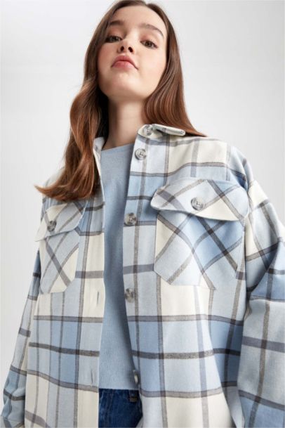 Shirt Collar Checked Flannel Long Sleeve Tunic