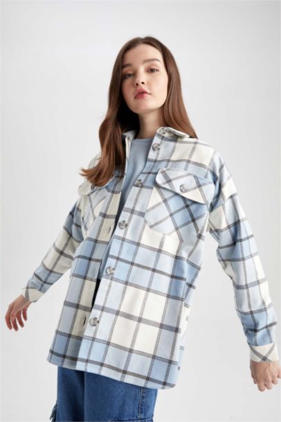 Shirt Collar Checked Flannel Long Sleeve Tunic