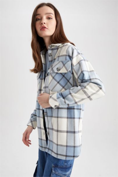 Shirt Collar Checked Flannel Long Sleeve Tunic