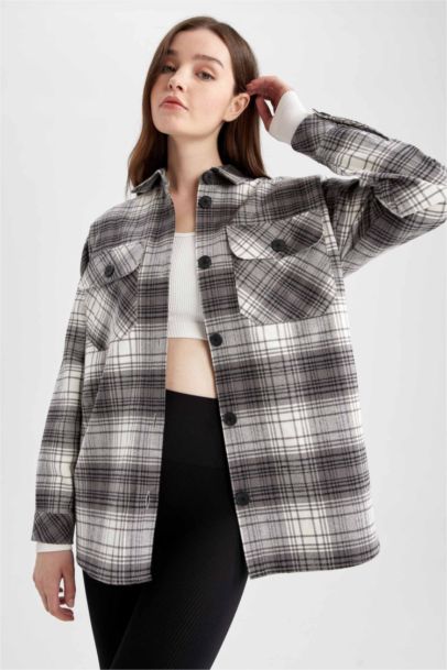 Shirt Collar Checked Flannel Long Sleeve Tunic