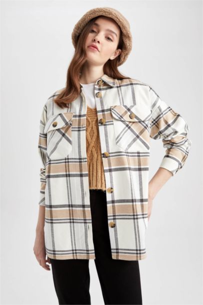 Shirt Collar Checked Flannel Long Sleeve Tunic