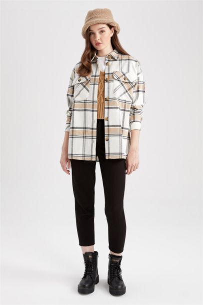Shirt Collar Checked Flannel Long Sleeve Tunic