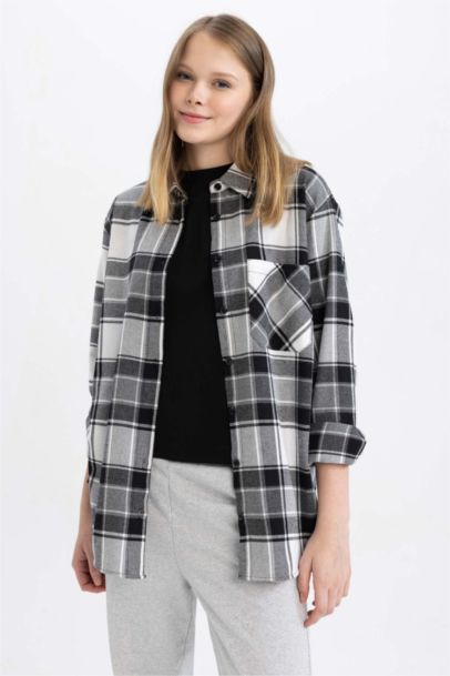 Coool Oversize Fit Checkered Long Sleeve Flannel Shirt