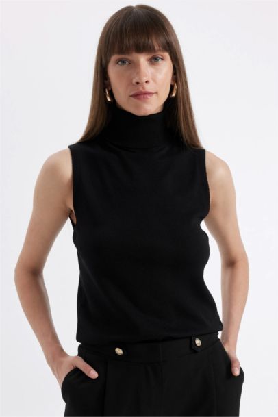 Pull en tricot basique noir à col roulé sans manches à coupe régulière pour Femme