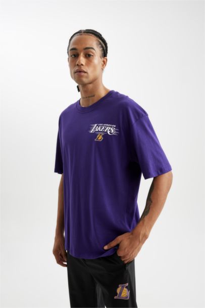 DeFactoFit NBA Los Angeles Lakers Oversize Geniş Kalıp Bisiklet Yaka Sırt Baskılı Pamuklu Kısa Kollu Tişört