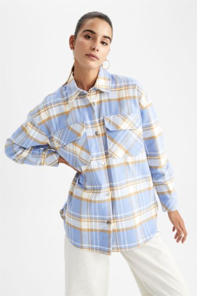 Oversize Fit Shirt Collar Flannel Long Sleeve Tunic