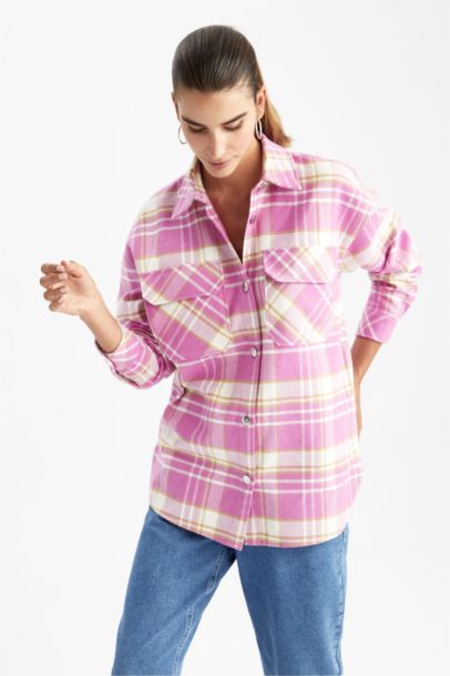 Oversize Fit Shirt Collar Flannel Long Sleeve Tunic