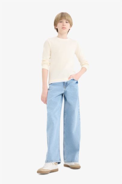 Bisiklet Yaka Basic Düz Waffle Uzun Kollu Okul Tişörtü Erkek Çocuk