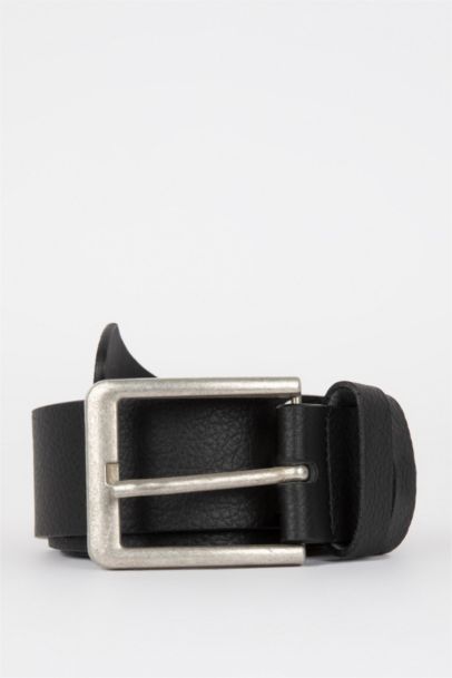 Men Faux Leather Rectangle Buckle Denim Belt