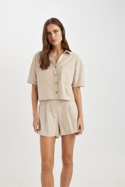 Boxy Fit Shirt Collar Linen Blended Short Sleeve Shirt