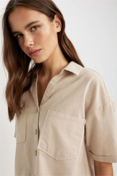 Boxy Fit Shirt Collar Linen Blended Short Sleeve Shirt