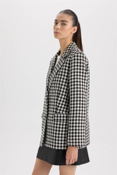 Oversize Geniş Kalıp Ceket Yaka Düğmeli Tweed Desenli Blazer Ceket