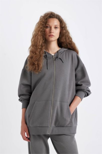 Oversize Geniş Kalıp Kapüşonlu Cepli Basic Düz Fermuarlı Sweatshirt