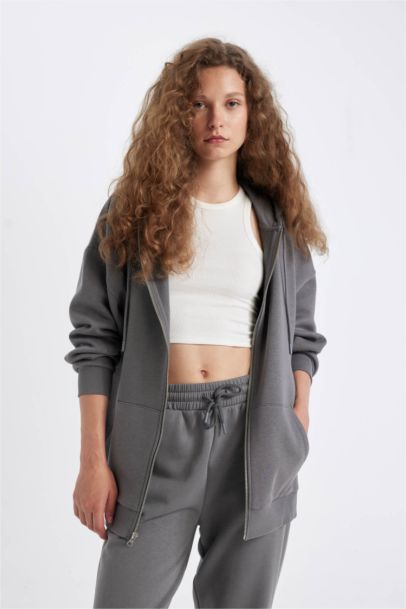 Oversize Geniş Kalıp Kapüşonlu Cepli Basic Düz Fermuarlı Sweatshirt